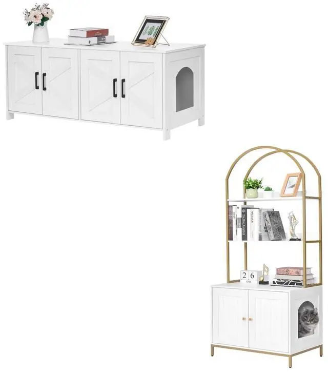 Main image of Homhedy Double Room Cat Litter Box Enclosure and Litter Box Furniture Hidden with 2-Tier Storage Shelves