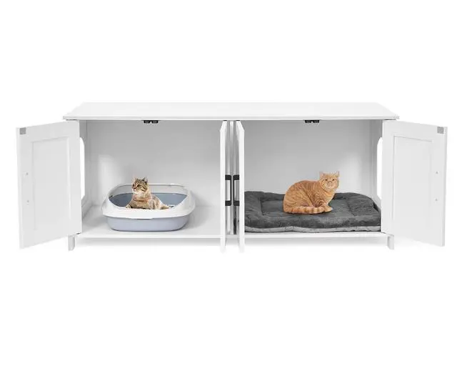Alt view image 2 of 7 - Homhedy Double Room Cat Litter Box Enclosure and Litter Box Furniture Hidden with 2-Tier Storage Shelves