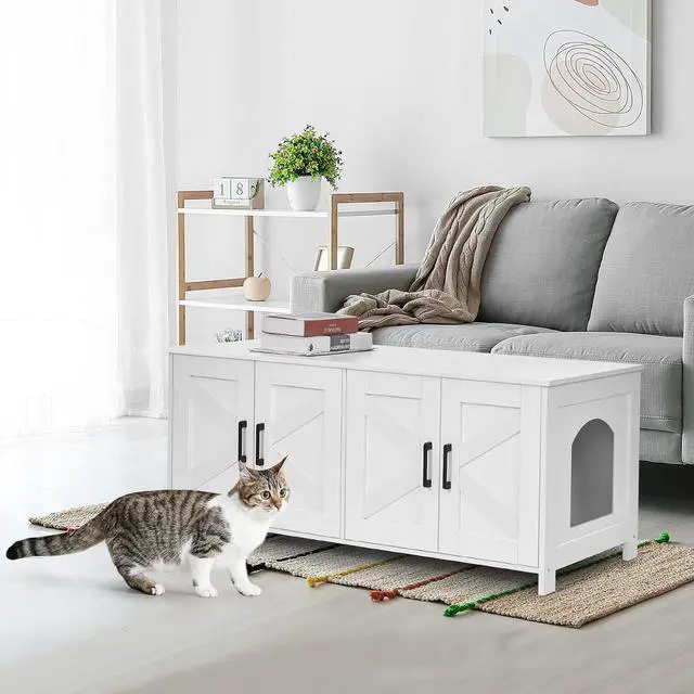 Alt view image 6 of 7 - Homhedy Double Room Cat Litter Box Enclosure and Litter Box Furniture Hidden with 2-Tier Storage Shelves