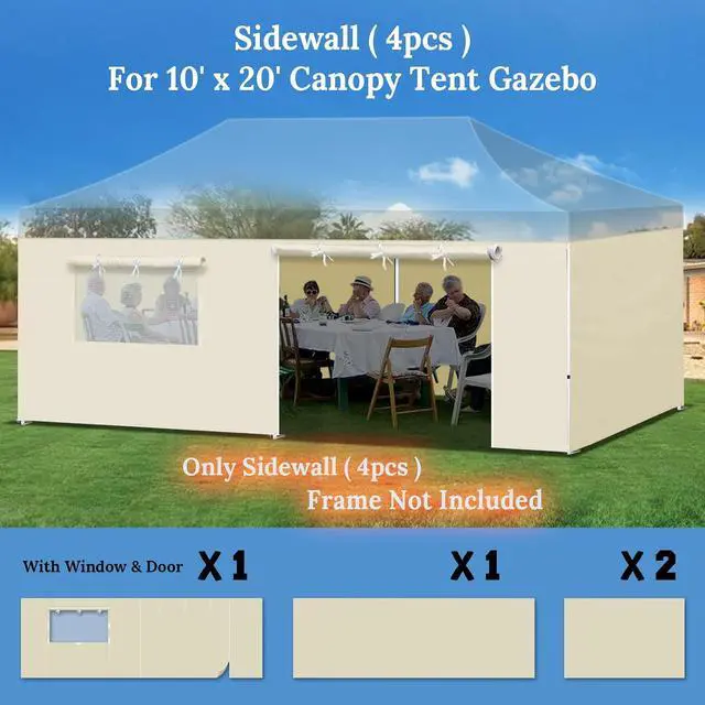 Alt view image 2 of 7 - YardGrow Canopy Sidewall for 10'x20' Pop Up Canopy Tent Gazebo Shelter, 4 Pieces, One with Roller Up Mesh Window and Door (Ecru)
