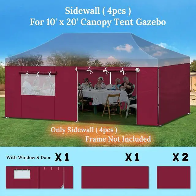 Alt view image 2 of 7 - YardGrow Canopy Sidewall for 10'x20' Pop Up Canopy Tent Gazebo Shelter, 4 Pieces, One with Roller Up Mesh Window and Door (Burgundy)
