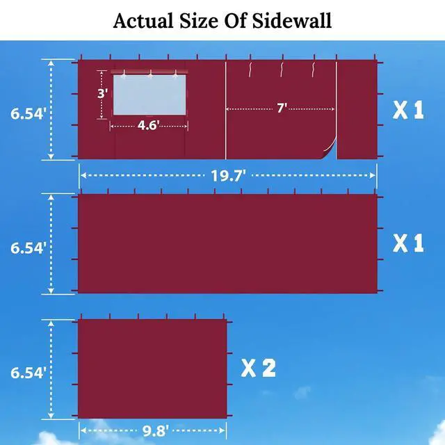 Alt view image 3 of 7 - YardGrow Canopy Sidewall for 10'x20' Pop Up Canopy Tent Gazebo Shelter, 4 Pieces, One with Roller Up Mesh Window and Door (Burgundy)