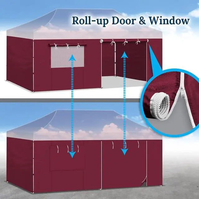 Alt view image 5 of 7 - YardGrow Canopy Sidewall for 10'x20' Pop Up Canopy Tent Gazebo Shelter, 4 Pieces, One with Roller Up Mesh Window and Door (Burgundy)
