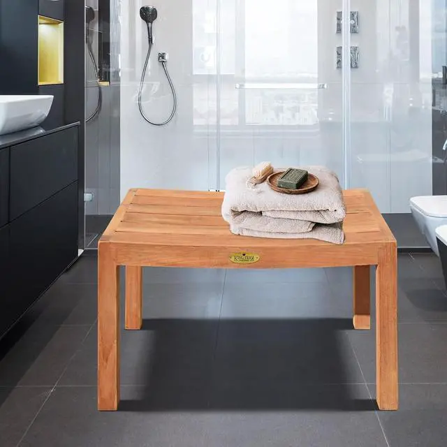 Alt view image 2 of 7 - YardGrow 23.4'' Teak Shower Bench Patio Shower Stool Indoor Outdoor Shower Seat