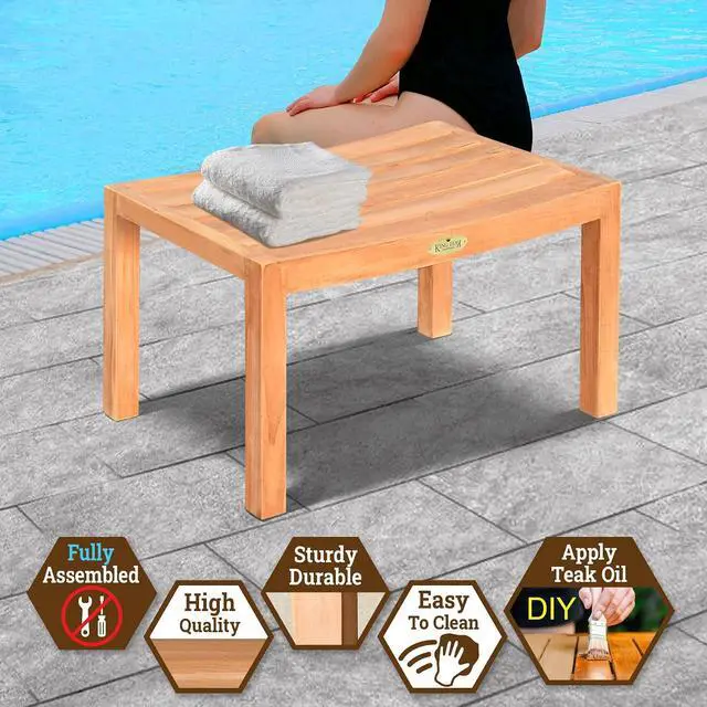 Alt view image 4 of 7 - YardGrow 23.4'' Teak Shower Bench Patio Shower Stool Indoor Outdoor Shower Seat