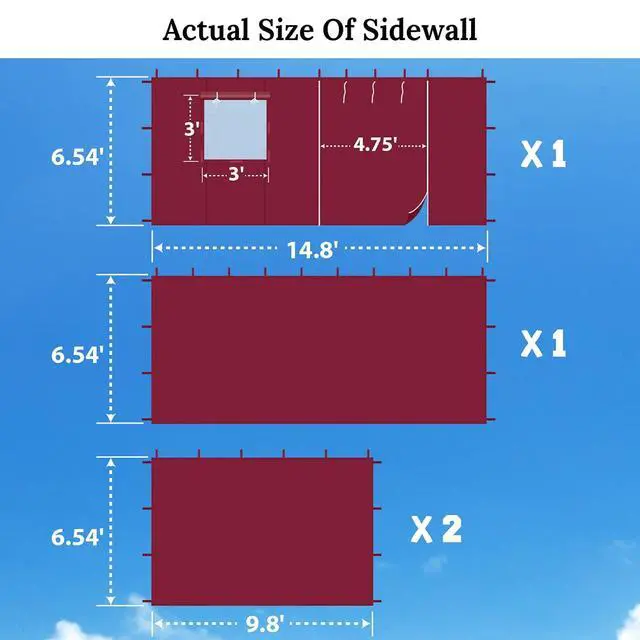 Alt view image 3 of 7 - YardGrow Canopy Sidewall for 10'x15' Pop Up Canopy Tent Gazebo Shelter, 4 Pieces, One with Roller Up Mesh Window and Door (Burgundy)