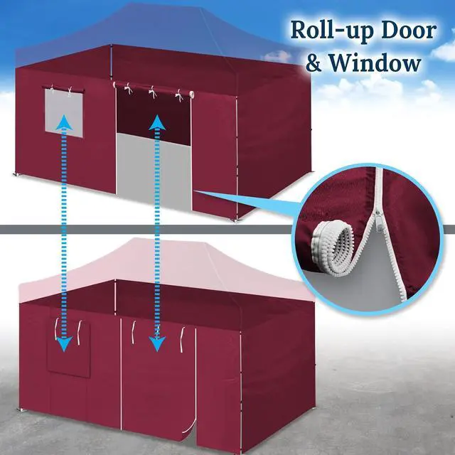 Alt view image 5 of 7 - YardGrow Canopy Sidewall for 10'x15' Pop Up Canopy Tent Gazebo Shelter, 4 Pieces, One with Roller Up Mesh Window and Door (Burgundy)