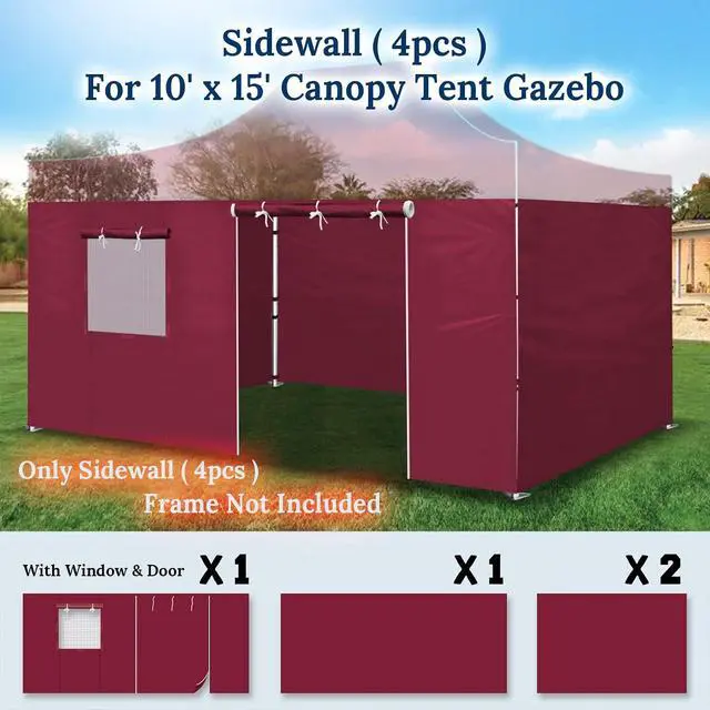 Alt view image 2 of 7 - YardGrow Canopy Sidewall for 10'x15' Pop Up Canopy Tent Gazebo Shelter, 4 Pieces, One with Roller Up Mesh Window and Door (Burgundy)