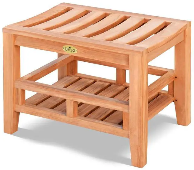Main image of YardGrow 23.6'' Outdoor Teak Shower Bench Indoor Shower Seat Patio Shower Stool with Storage Shelf