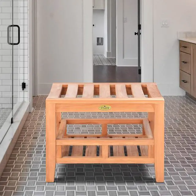 Alt view image 2 of 7 - YardGrow 23.6'' Outdoor Teak Shower Bench Indoor Shower Seat Patio Shower Stool with Storage Shelf