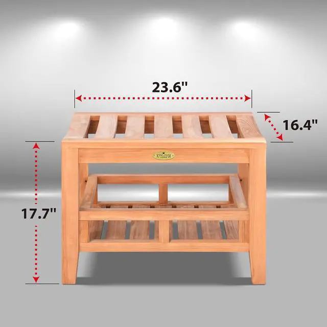 Alt view image 3 of 7 - YardGrow 23.6'' Outdoor Teak Shower Bench Indoor Shower Seat Patio Shower Stool with Storage Shelf