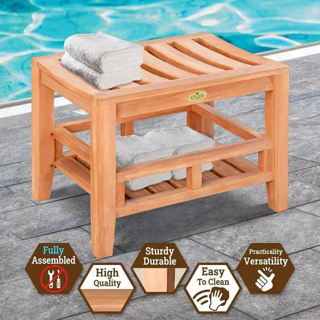Alt view image 4 of 7 - YardGrow 23.6'' Outdoor Teak Shower Bench Indoor Shower Seat Patio Shower Stool with Storage Shelf