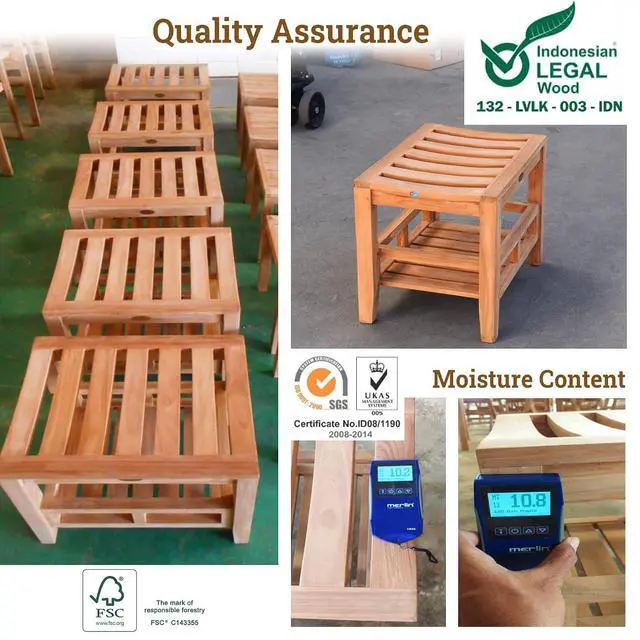Alt view image 6 of 7 - YardGrow 23.6'' Outdoor Teak Shower Bench Indoor Shower Seat Patio Shower Stool with Storage Shelf