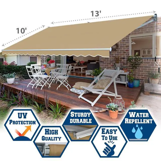 Alt view image 3 of 7 - YardGrow 13'x10' Patio Awning Retractable Awning Sun Shade Manual Patio Deck Awning Outdoor (Tan)