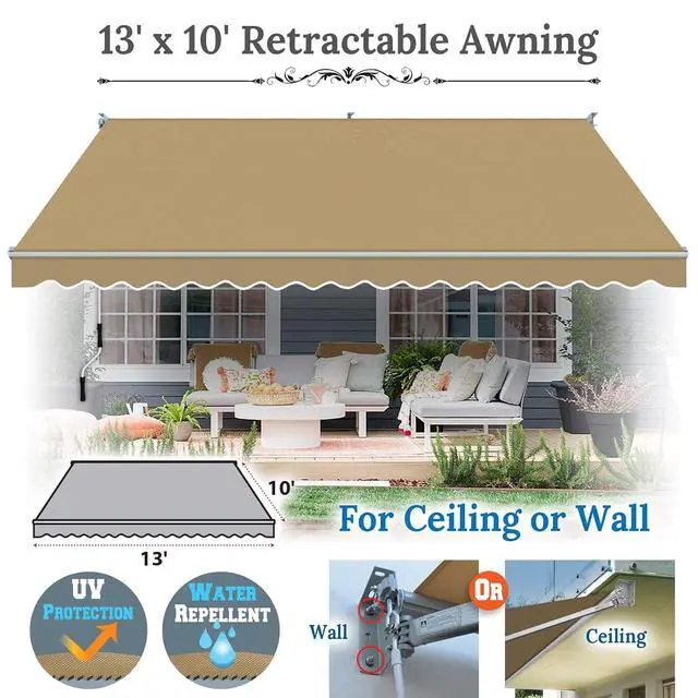 Alt view image 2 of 7 - YardGrow 13'x10' Patio Awning Retractable Awning Sun Shade Manual Patio Deck Awning Outdoor (Tan)