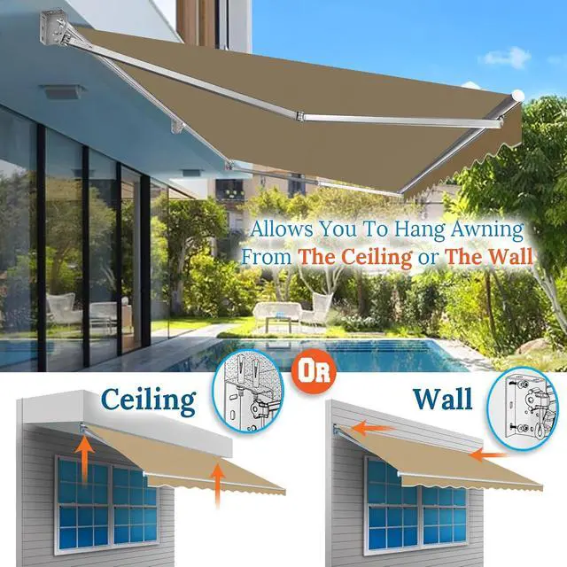 Alt view image 4 of 7 - YardGrow 13'x10' Patio Awning Retractable Awning Sun Shade Manual Patio Deck Awning Outdoor (Tan)