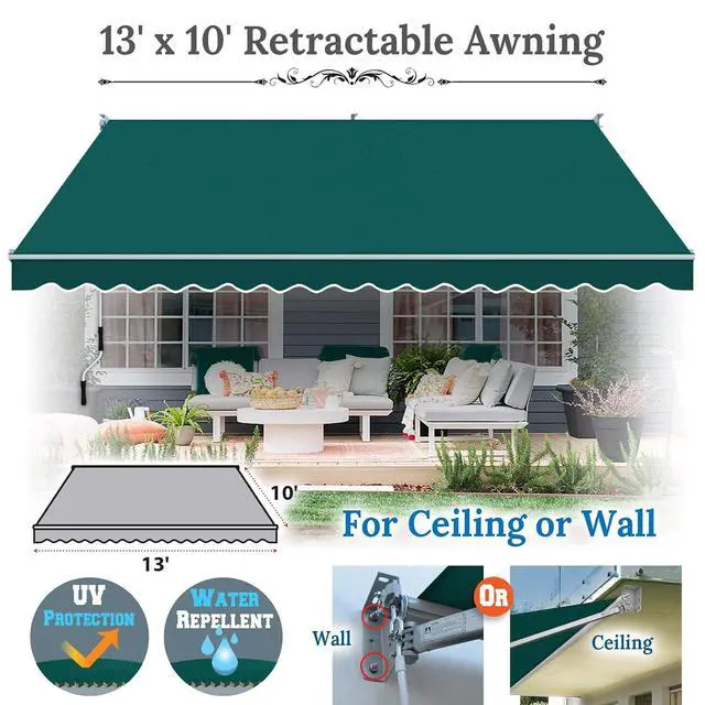 Alt view image 2 of 7 - YardGrow 13'x10' Patio Awning Retractable Awning Sun Shade Manual Patio Deck Awning Outdoor (Green)