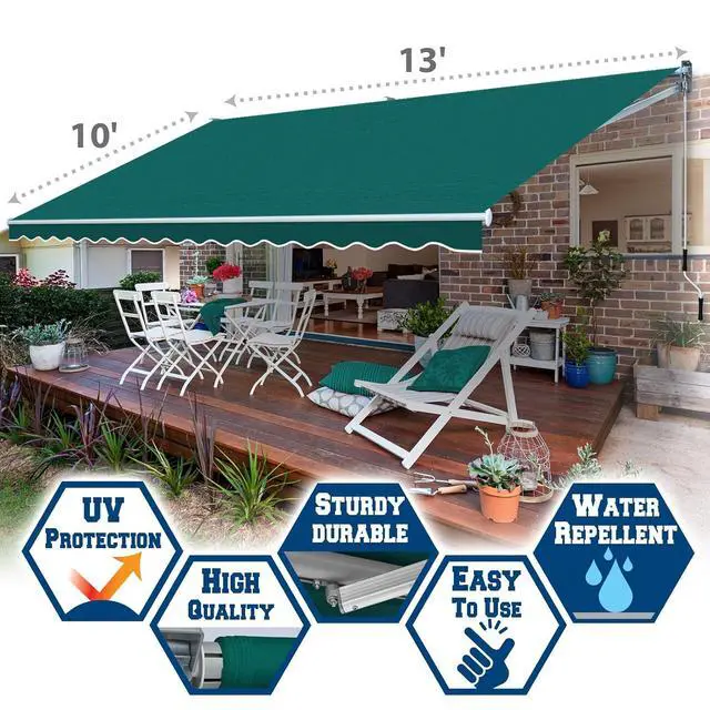 Alt view image 3 of 7 - YardGrow 13'x10' Patio Awning Retractable Awning Sun Shade Manual Patio Deck Awning Outdoor (Green)