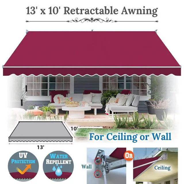 Alt view image 2 of 7 - YardGrow 13'x10' Patio Awning Retractable Awning Sun Shade Manual Patio Deck Awning Outdoor (Burgundy)