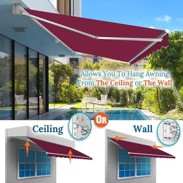 Alt view image 4 of 7 - YardGrow 13'x10' Patio Awning Retractable Awning Sun Shade Manual Patio Deck Awning Outdoor (Burgundy)