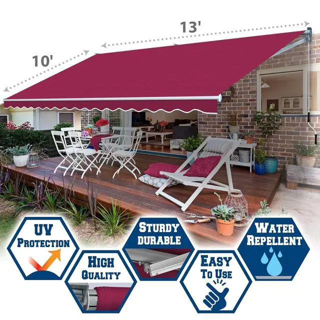 Alt view image 3 of 7 - YardGrow 13'x10' Patio Awning Retractable Awning Sun Shade Manual Patio Deck Awning Outdoor (Burgundy)