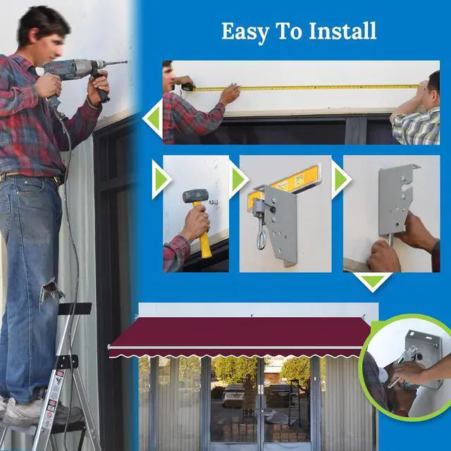 Alt view image 7 of 7 - YardGrow 13'x10' Patio Awning Retractable Awning Sun Shade Manual Patio Deck Awning Outdoor (Burgundy)