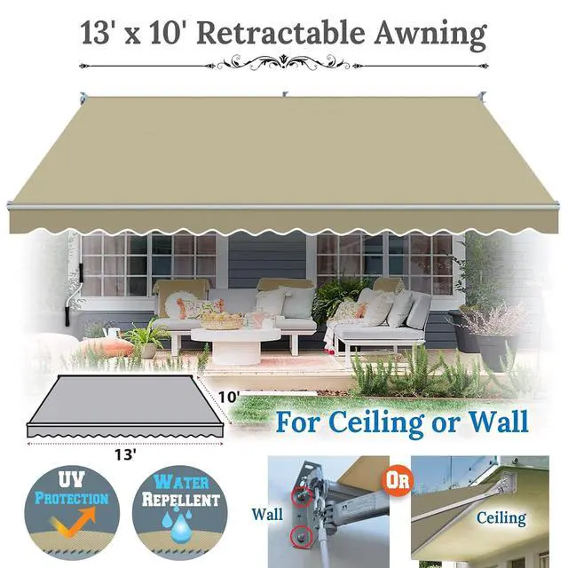 Alt view image 2 of 7 - YardGrow 13'x10' Patio Awning Retractable Awning Sun Shade Manual Patio Deck Awning Outdoor (Beige)