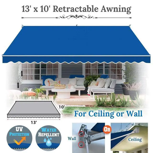 Alt view image 2 of 7 - YardGrow 13'x10' Patio Awning Retractable Awning Sun Shade Manual Patio Deck Awning Outdoor (Blue)