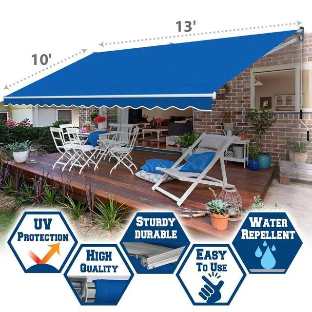 Alt view image 3 of 7 - YardGrow 13'x10' Patio Awning Retractable Awning Sun Shade Manual Patio Deck Awning Outdoor (Blue)