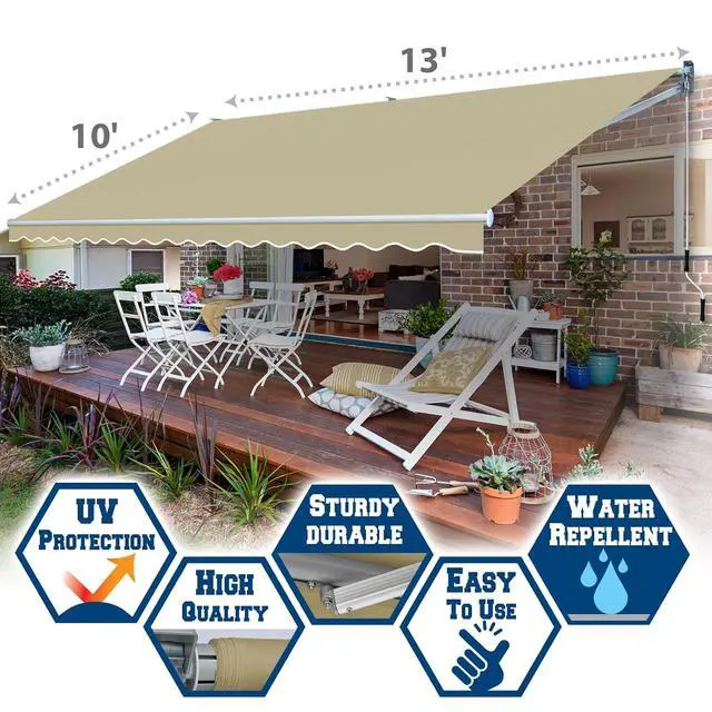 Alt view image 3 of 7 - YardGrow 13'x10' Patio Awning Retractable Awning Sun Shade Manual Patio Deck Awning Outdoor (Beige)