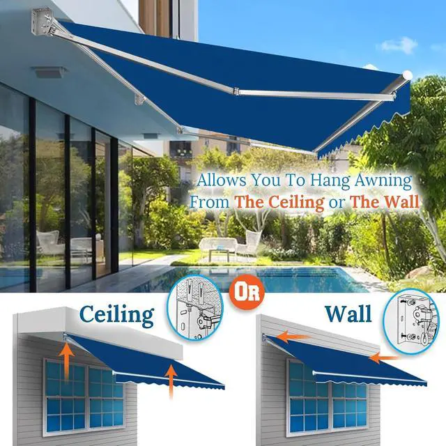 Alt view image 4 of 7 - YardGrow 13'x10' Patio Awning Retractable Awning Sun Shade Manual Patio Deck Awning Outdoor (Blue)