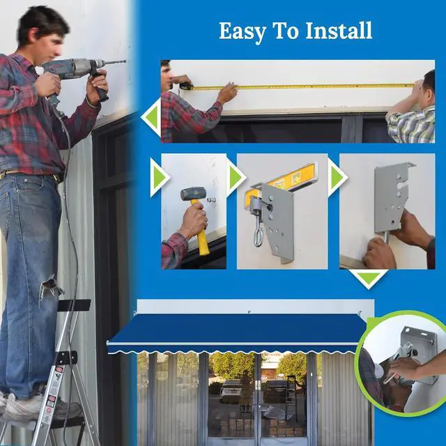 Alt view image 7 of 7 - YardGrow 13'x10' Patio Awning Retractable Awning Sun Shade Manual Patio Deck Awning Outdoor (Blue)