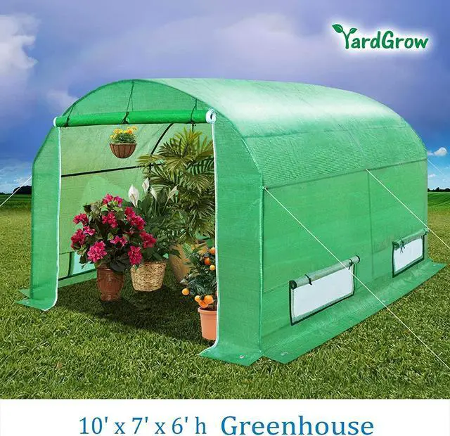 Alt view image 2 of 7 - YardGrow 10' x7' x6' Tunnel Greenhouse Large Greenhouse Walk in Outdoor Plant Gardening Hot Greenhouse w/ Roll-up Zippered Entry Door and 4 Roll-up Side Windows