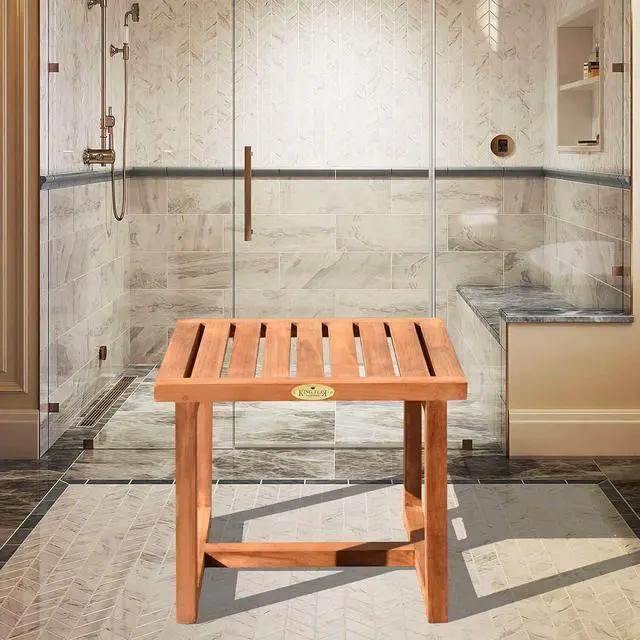 Alt view image 2 of 7 - YardGrow 17.8'' Teak Shower Bench Indoor Shower Seat Outdoor Patio Shower Stool