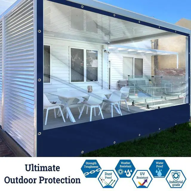 Alt view image 2 of 7 - YardGrow 12'x8' Heavy Duty Clear PVC Tarp Waterproof Clear Tarp Curtain Patio Panel with Grommets for Indoor/Outdoor (Blue)