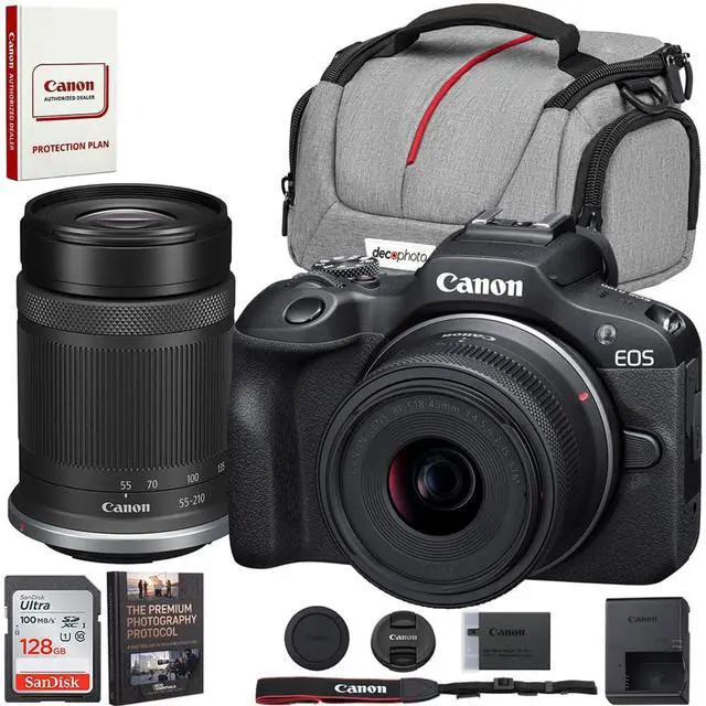 Main image of Canon EOS R100 Mirrorless Camera Two-Lens Bundle | RF-S 18-45mm + RF-S 55-210mm is STM | USA Warranty, Authorized Dealer | Sandisk 128GB Memory Card, Camera Bag & Photography Guide