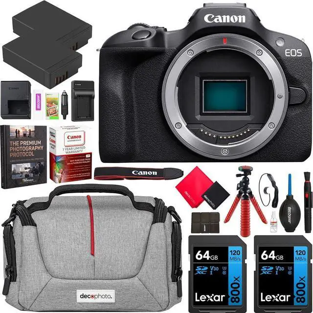 Main image of Canon EOS R100 Mirrorless APS-C Interchangeable Lens Camera Body 6052C002 Bundle with Deco Gear Photography Bag + 2 x Battery + 2 x 64GB Memory Cards + Photography Guidebook + Accessories Kit