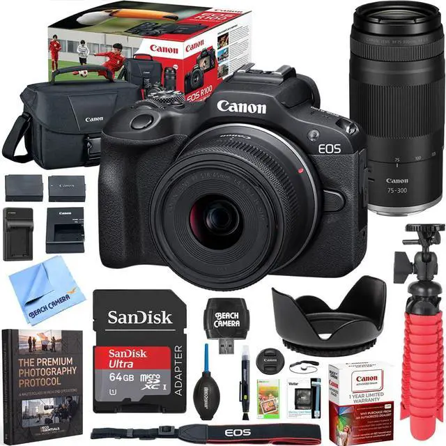 Main image of Canon EOS R100 Mirrorless Camera Double Zoom 2 Lens Kit RF-S 18-45mm and RF 75-300mm 6052C111 Bundle with Double Battery, Memory Card, Deluxe Case and Mini Tripod & Accessories