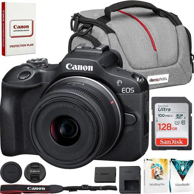 Main image of Canon EOS R100 Mirrorless Camera with RF-S 18-45mm is STM Lens | USA Warranty, Authorized Dealer | Bundle with Sandisk 128GB Memory Card, Camera Bag & Photo Editing Software