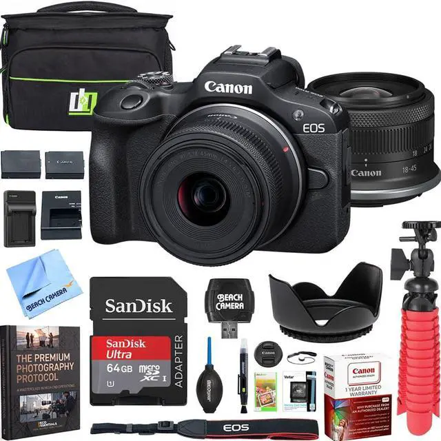 Main image of Canon EOS R100 Mirrorless Camera Body with RF-S 18-45mm F4.5-6.3 is STM Lens 6052C012 Bundle with Double Battery, Memory Card, Deco Gear Deluxe Case and Mini Tripod & Accessories