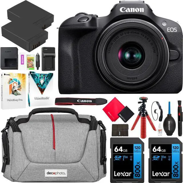 Main image of Canon EOS R100 Mirrorless Camera Body with RF-S 18-45mm F4.5-6.3 is STM Lens 6052C012 Bundle with Deco Gear Photography Bag + 2 x Battery + 2 x 64GB Memory Cards + Accessories Kit