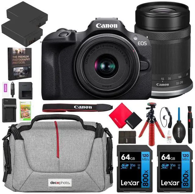 Main image of Canon EOS R100 Mirrorless Camera Body w/ 2 Lens Kit RF-S 18-45mm is STM and RF-S 55-210mm is STM 6052C022 Bundle w/Deco Gear Bag + 2X Battery + 2X 64GB Memory Cards + Photography Pro Kit & More