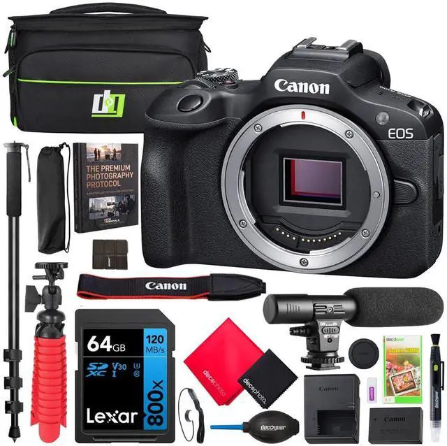 Main image of Canon EOS R100 Mirrorless APS-C Interchangeable Lens Camera Body 6052C002 Bundle with Deco Gear Photography Bag + Microphone + Monopod + Software & Accessories Kit
