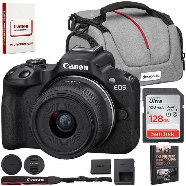 Main image of Canon EOS R50 Mirrorless Camera with RF-S 18-45mm F4.5-6.3 is STM Lens (5811C012) Bundle with Sandisk 128GB Memory Card + Deco Essentials Camera Bag + Photography Pro Ebook