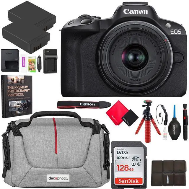 Main image of Canon EOS R50 Mirrorless Camera (Black) with RF-S 18-45mm F4.5-6.3 is STM Lens 5811C012 Bundle with Deco Gear Photography Bag + 2 x Battery + 128GB Memory Card + Photography Pro + Accessories Kit