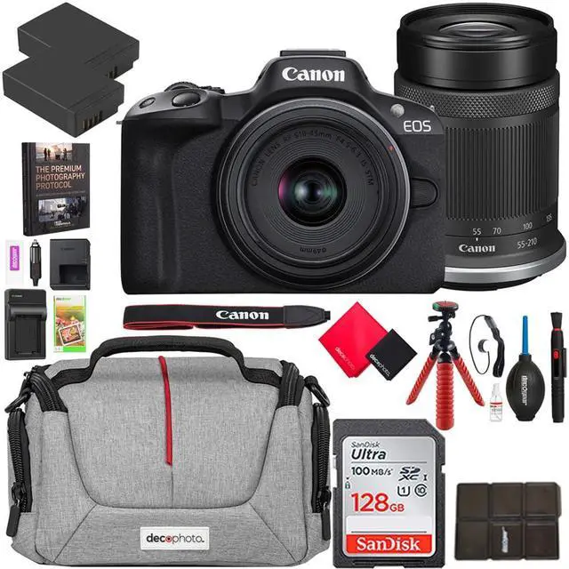 Main image of Canon EOS R50 Mirrorless Camera Body w/ 2 Lens Kit RF-S 18-45mm is STM and RF-S 55-210mm is STM 5811C022 Bundle w/Deco Gear Camera Bag + 2X Battery + 128GB Memory Card + Photography Ebook & More