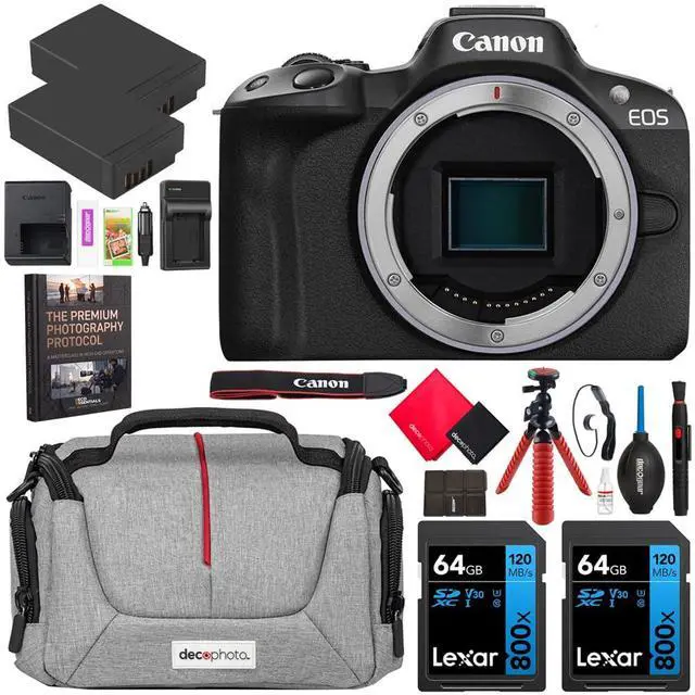 Main image of Canon EOS R50 Mirrorless APS-C Interchangeable Lens Camera Body Black 5811C002 Bundle with Deco Gear Photography Bag + 2 x Battery + 2 x 64GB Memory Cards + Photography Pro eBook + Accessories Kit