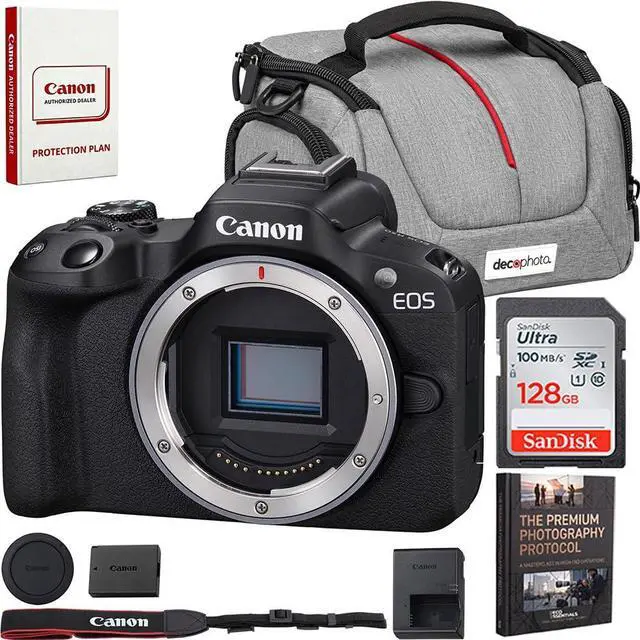 Main image of Canon EOS R50 Mirrorless Camera Body (Black) 5811C002 Bundle with Sandisk 128GB Memory Card, Deco Essentials Camera Bag and Photography Guidebook