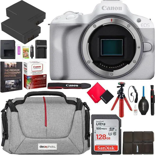 Main image of Canon EOS R50 Mirrorless APS-C Interchangeable Lens Camera Body White 5812C002 Bundle with Photography Bag + Photography Protocol Ebook + 2 x Battery + 128GB Memory Card + Accessories Kit