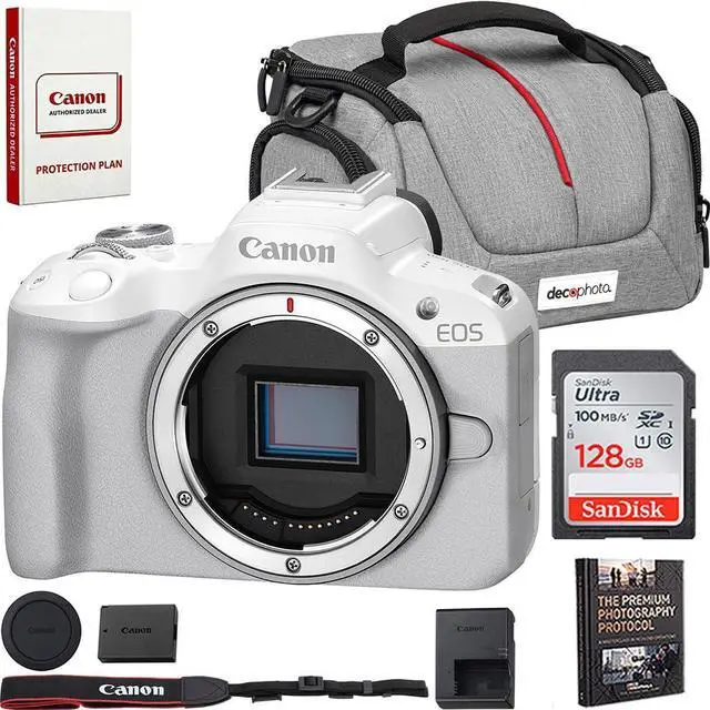 Main image of Canon EOS R50 Mirrorless Camera Body Only (White) 5812C002 Bundle with Sandisk 128GB Memory Card, Deco Essentials Camera Bag and Premium Photography Protocol Ebook Digital Download Guide